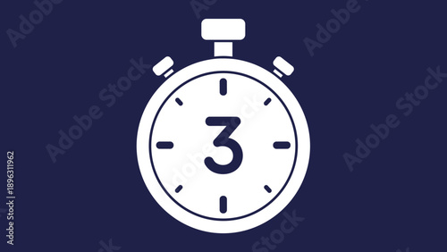 White stopwatch icon displaying the number three set on a dark blue background for countdown timer and competition timing concepts.
