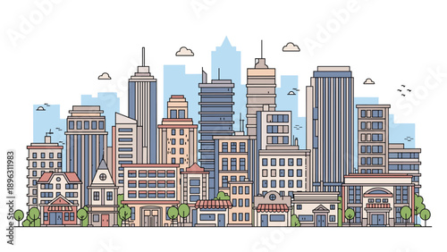 Detailed cityscape illustration showing a dense variety of modern office buildings and skyscrapers in a soft color palette for urban.