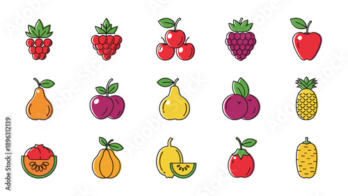 Detailed collection of various fruit icons including berries, apples, pears, and pineapple in a flat line art style.