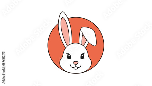 Cute illustration of a white rabbit head with pink ears inside a red circle background for pet or animal themes.