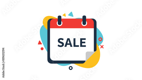 Vibrant vector illustration of a calendar icon with the word SALE set against colorful abstract shapes and symbols.