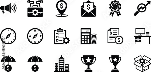 Business finance icon set with money growth banking insurance success analytics symbols solid vector illustration