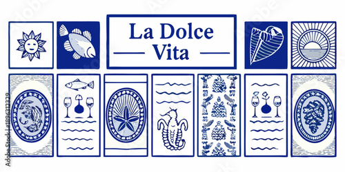 Blue and white decorative tiles featuring marine life and italian phrases