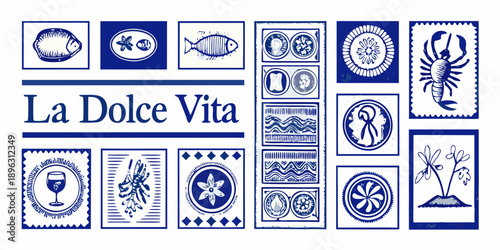 A collection of blue and white decorative tile images with text