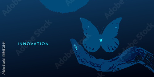 A glowing butterfly rests within a cupped hand showcasing innovation