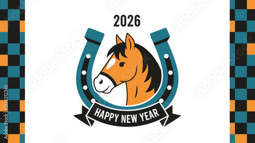 Happy New Year 2026 greeting card illustration featuring a horse head inside a horseshoe framed by a checkered border design.
