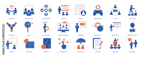 Workshop icon set. Containing team building, collaboration, teamwork, coaching, problem solving, education, strategy and education icons. Solid icon collection. eps 10
