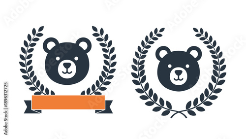 Bear mascot design featuring a stylized head inside a circular laurel wreath with an orange banner for custom labeling or logos.