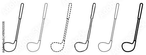 Set of six black golf club outlines in various graphic styles including dotted, dashed, hand-drawn, and different line weights for sports or recreation design elements