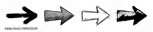 Set of four hand-drawn black arrows in a grunge style, featuring various textures like brush strokes, cross-hatching, outlines, and ink splatters for a creative design element