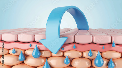 A 3D medical illustration showing a cross-sectional view of skin layers with water droplets (4)_traced