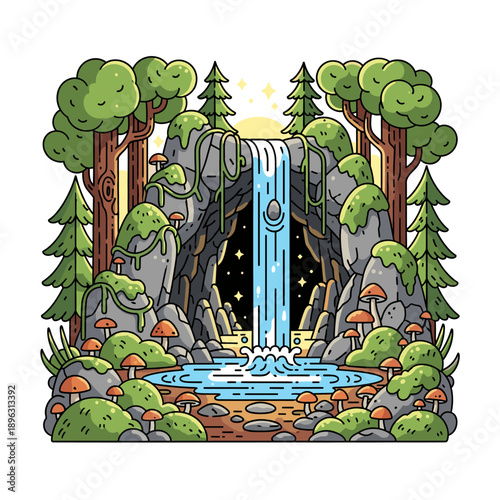 Whimsical Forest Waterfall & Starry Cave Entrance Illustration: Enchanted Woodland Scene with Pond, Mossy Rocks, and Mushrooms