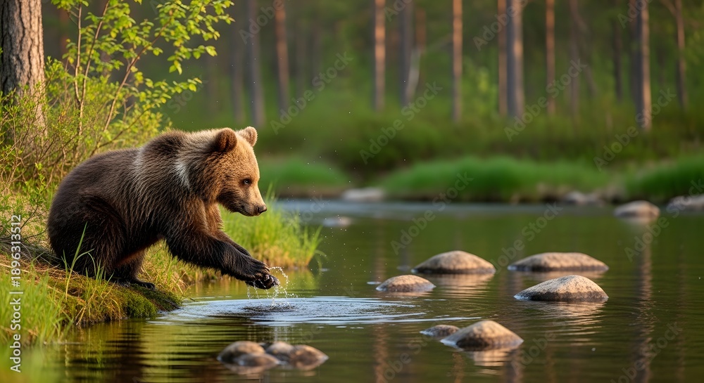 custom made wallpaper toronto digitalBrown bear observing water near shoreline with trees and natural landscape