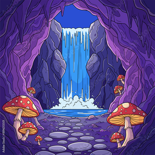 Enchanted Purple Cave Grotto with Cascading Waterfall, Pond, and Whimsical Red Spotted Mushrooms Illustration