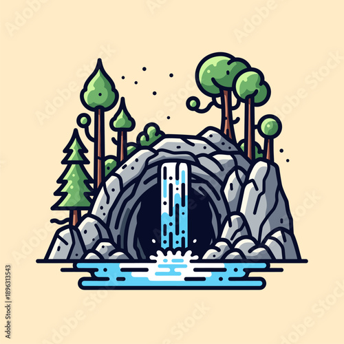 Charming Cartoon Cave with Waterfall and Lush Forest Landscape Illustration