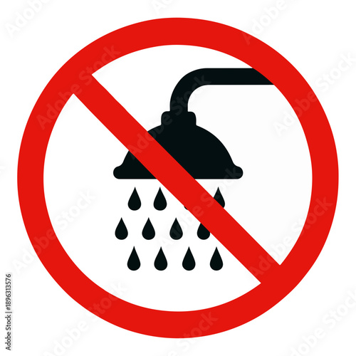 No shower sign with red circle and line through black shower head icon