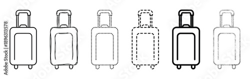 Set of black luggage outline icons showing various line styles including solid, hand-drawn, dotted, dashed, and stippled for travel and tourism concepts in a minimalist design