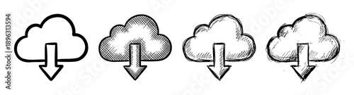 Four hand-drawn cloud computing download icons presented in a row, showcasing different doodle and sketch art styles from a clean outline to a rough, scribbled illustration