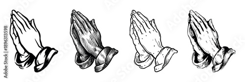 Set of four praying hands illustrations in various hand-drawn sketch styles, representing faith, hope, and spiritual supplication with classic monochrome ink line art