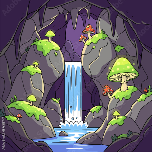 Enchanted Underground Cave with Glowing Mushrooms and Waterfall Illustration. Fantasy Grotto Landscape Featuring Mystical Fungi, Rocks, and Flowing...