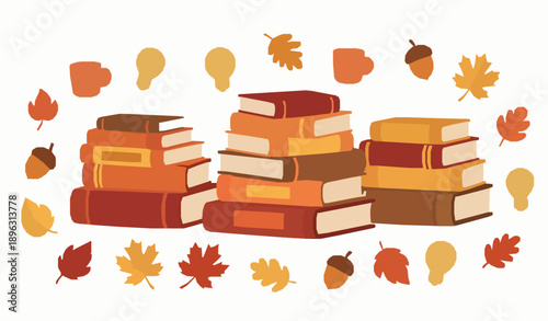 Cozy autumn book stack with doodles and knowledge flat vector illustration