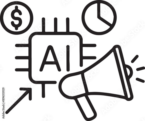 AI chip with megaphone dollar and clock icons around  technology and business concept