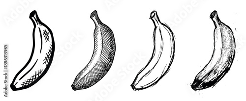 Set of four hand-drawn banana illustrations in various graphic sketch styles, showing different artistic techniques from clean line art to grunge texture