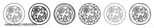 Set of black and white Christmas cookie icons showing gingerbread men, snowflakes, and fir trees on a plate, rendered in various line art styles like sketch, outline, and dotted
