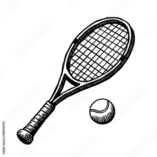 A hand-drawn style tennis racket and ball illustration in sketchy lines. Concept of classic summer sport and competition - tennis match - physical activity
