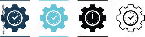 Time management gear icons set with clock symbols in outline and solid styles productivity vector illustration