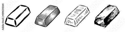 Four rectangular rubber erasers in a hand-drawn sketch style showing different artistic techniques like outline, crosshatching, scribble, and grunge ink illustration