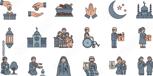 Ramadan illustrations show people celebrating and sharing food during the holy month