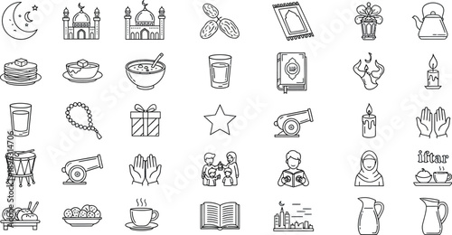 Ramadan celebration icons with mosque, food, and family illustrations