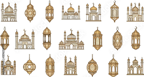 Ramadan celebration with mosque and lantern illustrations on white background