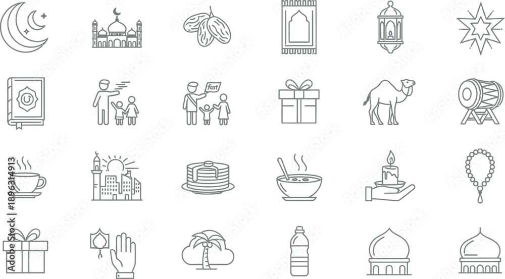 Fototapeta premium Ramadan celebration icons with mosque, food, gifts, and lanterns on white background