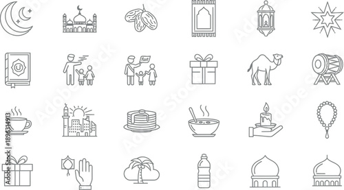 Ramadan celebration icons with mosque, food, gifts, and lanterns on white background