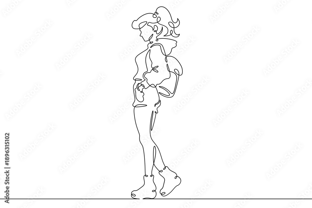 Fototapeta premium Continuous single line drawing fashionable teenager girl. Stylish young woman on a walk.Linear.One continuous line isolated minimalist illustration. Not AI.