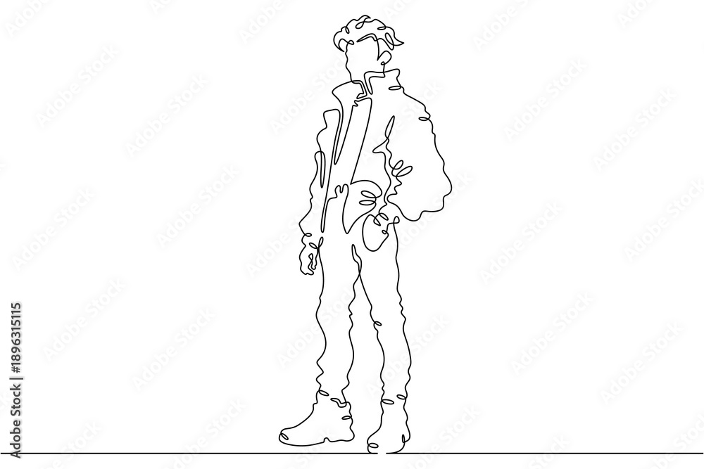 Fototapeta premium Continuous single line drawing fashionable teenager boy. Stylish young man on a walk.Linear.One continuous line isolated minimalist illustration. Not AI.
