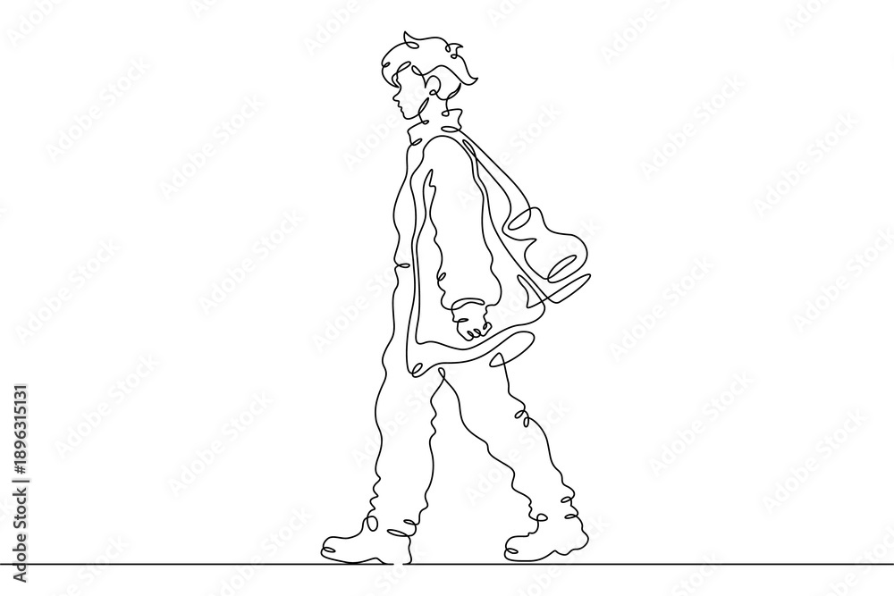 Fototapeta premium Continuous single line drawing fashionable teenager boy. Stylish young man on a walk.Linear.One continuous line isolated minimalist illustration. Not AI.