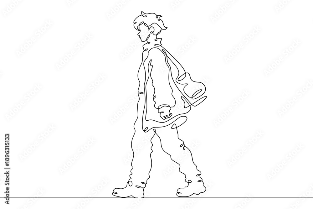 Fototapeta premium Continuous single line drawing fashionable teenager boy. Stylish young man on a walk.Linear.One continuous line isolated minimalist illustration. Not AI.