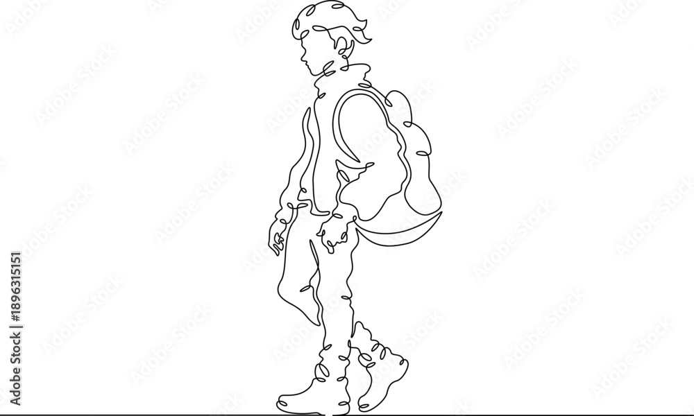Fototapeta premium Continuous single line drawing fashionable teenager boy. Stylish young man on a walk.Linear.One continuous line isolated minimalist illustration. Not AI.