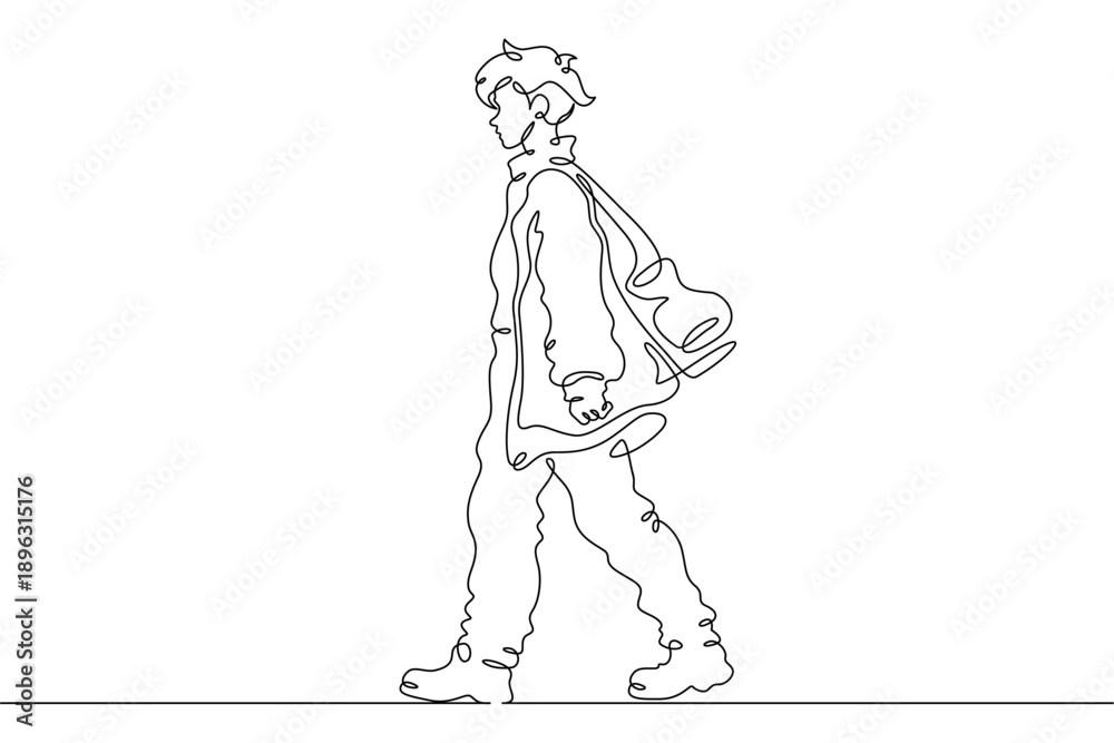 Fototapeta premium Continuous single line drawing fashionable teenager boy. Stylish young man on a walk.Linear.One continuous line isolated minimalist illustration. Not AI.
