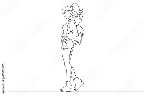 Wallpaper Mural Continuous single line drawing fashionable teenager girl. Stylish young woman on a walk.Linear.One continuous line isolated minimalist illustration. Not AI. Torontodigital.ca