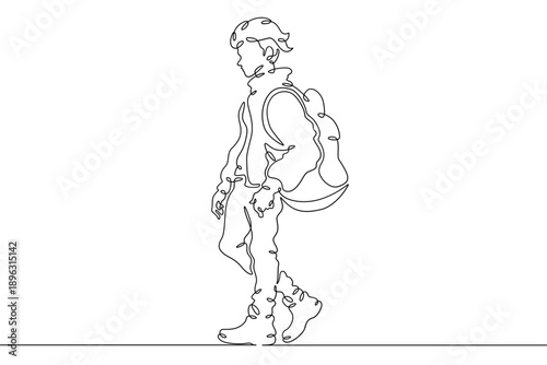 Continuous single line drawing fashionable teenager boy. Stylish young man on a walk.Linear.One continuous line isolated minimalist illustration. Not AI.
