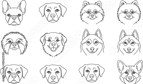 Dog face line icon set with different breeds puppy expressions pet animal outline vector illustration collection