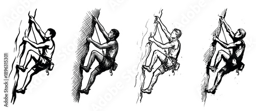 Set of four hand-drawn illustrations of a male rock climber scaling a steep cliff face, depicted in a dynamic black and white ink sketch style with various hatching techniques