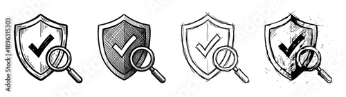 Hand-drawn shield icons with checkmarks and magnifying glasses in various sketch and doodle styles, symbolizing security verification, audit, and protection analysis
