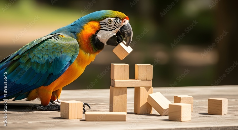 custom made wallpaper toronto digitalColorful macaw parrot interacting with wooden blocks outdoors in natural light