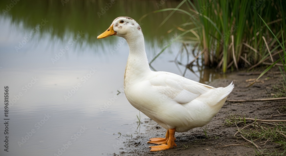 Obraz premium A white domestic duck with orange webbed feet stands calmly at the muddy edge of a tranquil pond, reflecting the serene beauty of natural habitat
