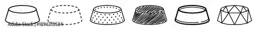 Set of six truncated cone icons with various hand-drawn styles and textures, including solid outline, dashed, dotted, scribbled, and low poly faceted designs in a row